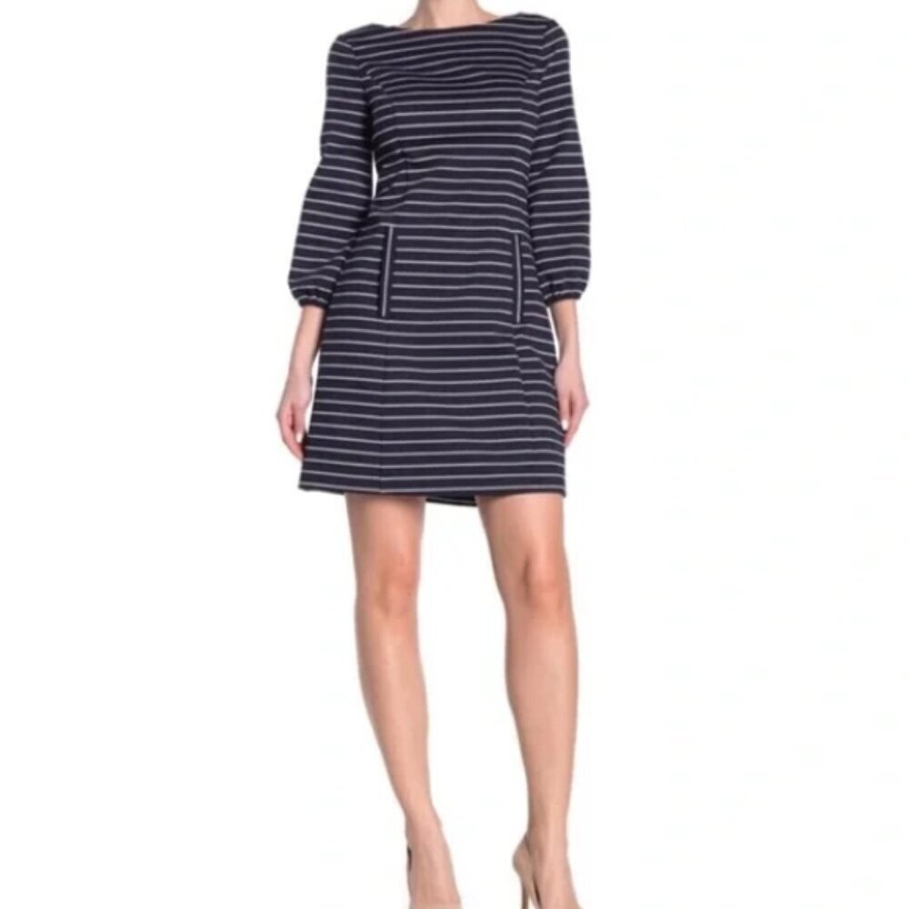 ELIZA J Boatneck Long Sleeve Stripe Cut-Out Back Knit Shift Dress, Navy